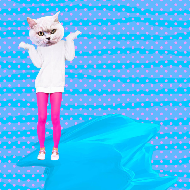 Contemporary art collage. Funny trendy zine design. Cute Kitty in a warm hoodie. Fall Winter seasons concept - Φωτογραφία, εικόνα