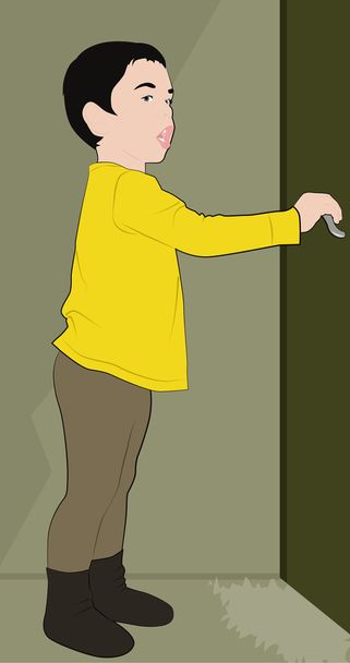 kisfiú kinyitja az ajtót - Vektor, kép