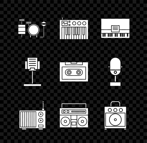 Set Batterie, Synthétiseur de musique, Piano, Radio avec antenne, Home stéréo deux haut-parleurs, amplificateur de guitare, support et cassette audio rétro icône. Vecteur - Vecteur, image