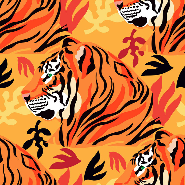 Tiger  beautiful  seamless pattern  in different colors in cartoon realistic flat style. Modern fashion print  skin design for textile, fabric, wallpaper.  Safari art style. Vector illustration - Wektor, obraz
