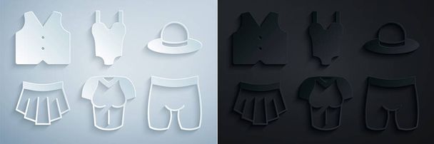 Set T-shirt, chapeau homme, jupe, short de cyclisme, maillot de bain et icône de gilet. Vecteur - Vecteur, image
