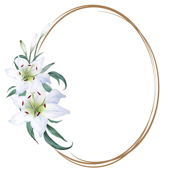 Oval frame with white lily flowers and leaves, isolated on white background. Watercolor hand drawn illustration. Copy space. - Φωτογραφία, εικόνα