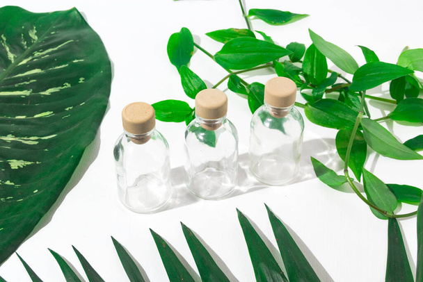 Tres botellas de vidrio con tapones de corcho para perfumes con plantas exóticas. Burla.. - Foto, imagen