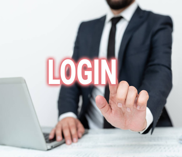 Text sign showing Login. Business showcase Entering website Blog using username and password Registration Remote Office Work Online Presenting Communication Technology - Photo, Image