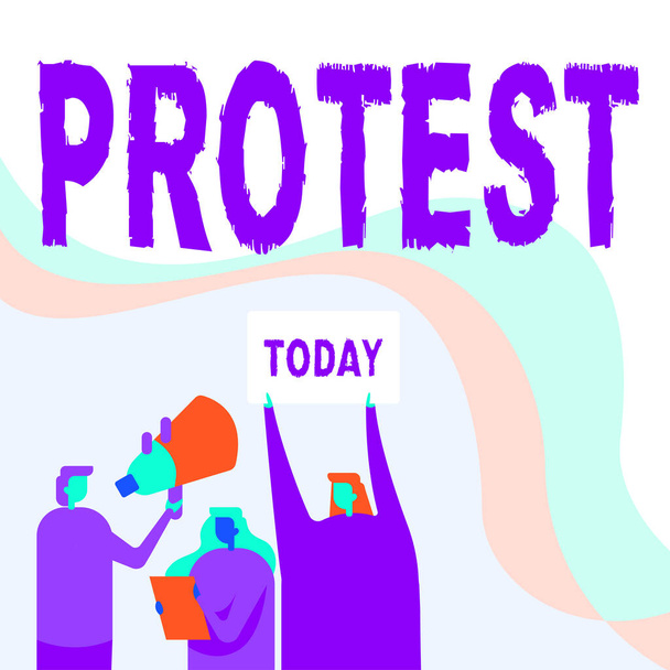 Bildunterschrift: Protest. Konzeptfoto Eine Aktion, die Missbilligung oder Widerspruch gegen etwas ausdrückt, was Aktivisten mit ihren Megaphonen und Plakaten ankündigen. - Foto, Bild