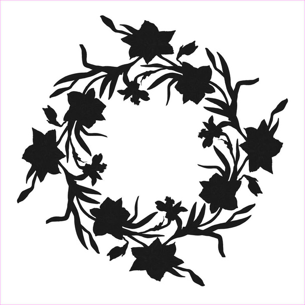 Elegant wreath with silhouettes of hand drawn flowers daffodil. - Vector, Image