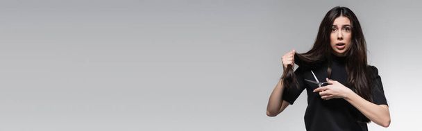 giovane donna scioccata in dolcevita nero che tiene le forbici vicino a lunghi capelli danneggiati isolati su grigio, banner - Foto, immagini