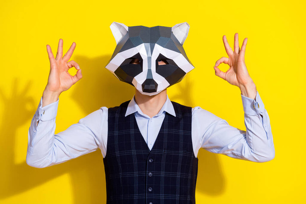 Photo of nice office employee guy show okey signs wear raccoon mask vest isolated yellow color background - Foto, afbeelding