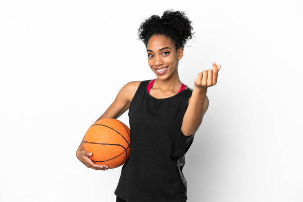Young basketball player latin woman isolated on white background making money gesture - Zdjęcie, obraz