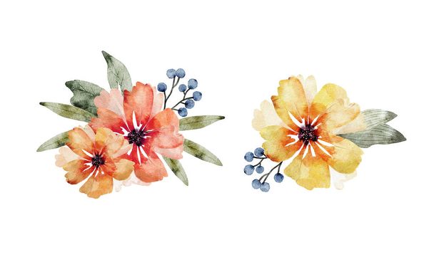 set of watercolor bouquets of bright multicolored flowers on a white background. hand painted for design and invitations. - 写真・画像