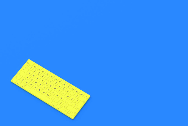 Office work. Workplace. Internet access. Data protection. Online education. Receiving the information. Distance work. Modern yellow keyboard on blue background. Copy space. 3d render - Fotografie, Obrázek