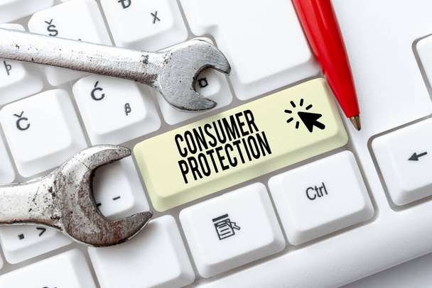 テキストの消費者保護を表示する書き込み。事業概要消費者の権利保護を確保するための公正取引法要約安全なインターネット体験を創出し、デジタルウイルスの拡散を防止 - 写真・画像
