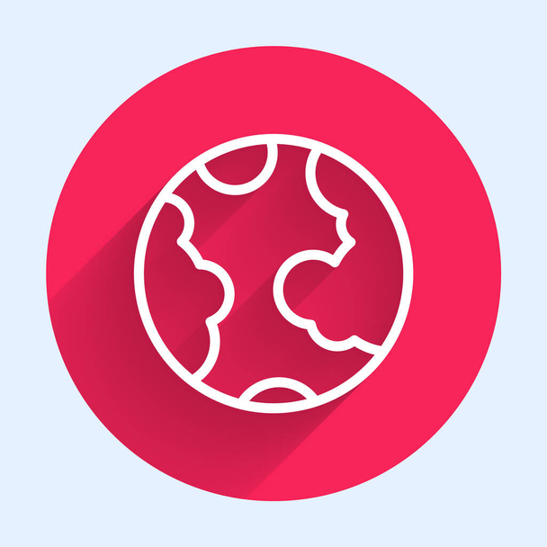 White line Earth globe icon isolated with long shadow background. World or Earth sign. Global internet symbol. Geometric shapes. Red circle button. Vector - Διάνυσμα, εικόνα