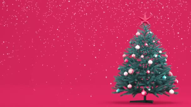 Animatie van vallende sneeuw. Kerstboom met speelgoed en een ster op koraalachtergrond. Plaats voor je tekst. Ansichtkaart animatie, gefeliciteerd. 3d animatie weergeven - Video