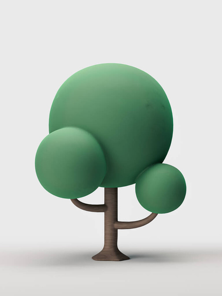 Stylized yhden puun, tasainen tyyli vihreä lehti ja ruskea runko eristetty puu valkoisella pohjalla, 3d renderöinti, kukaan - Valokuva, kuva