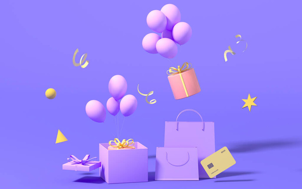 Regalos y bolsa de compras con fondo púrpura, 3d renderizado. Dibujo digital informático. - Foto, imagen