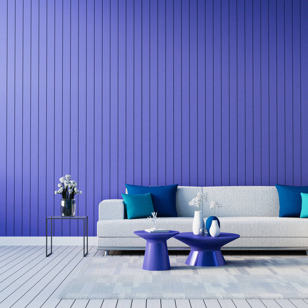 Purple Blue Wall living interior 2022 very peri - 3D rendering - Фото, изображение