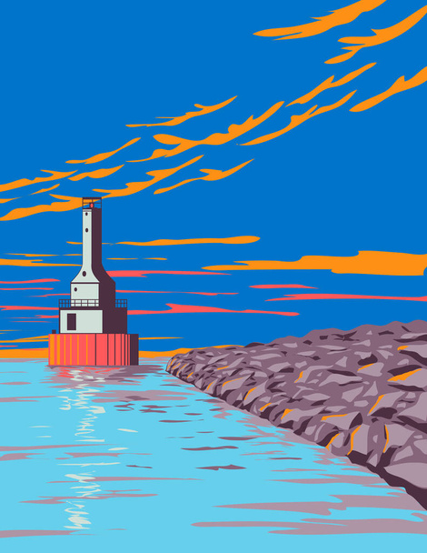 WPA poster art of a Lighthouse at FJ McLain State Park on the Keweenaw Peninsula in Houghton County, Michigan, Stati Uniti d'America USA fatto in stile project administration lavori. - Vettoriali, immagini
