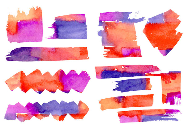 Watercolor artistic freehand drawing set red, orange, purple and violet stains and splash. Watercolour frame abstract brick wall textured elements on white background. Infographic, manga and catalog - Foto, Bild