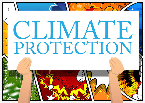 Banner de mano con texto de protección climática en papel blanco. Hombre mostrando cartelera. - Vector, imagen