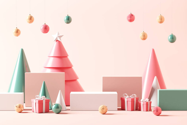 Pastel podium background for Christmas holiday, 3d rendering, Stage for product. - Фото, изображение