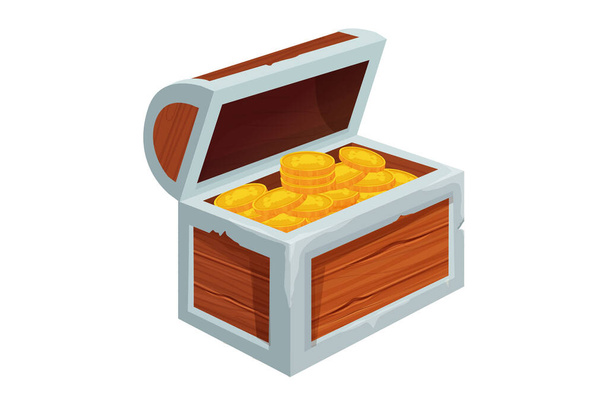 Treasure chest full of golden coins in cartoon style isolated on white background. Game asset, ui. Open wooden textured object. - Vecteur, image