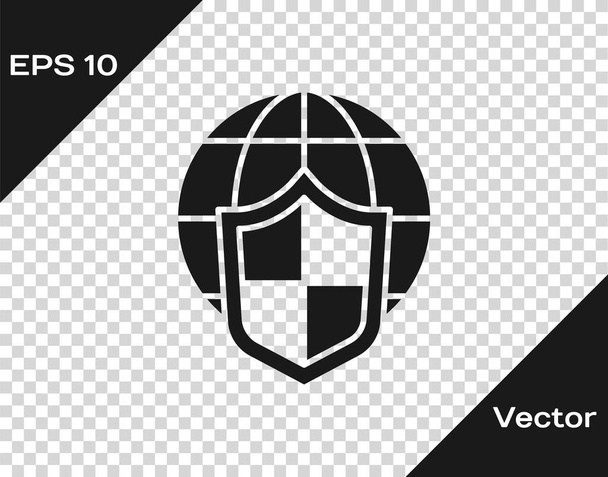Black Shield s ikonou světového globu izolované na průhledném pozadí. Pojištění. Zabezpečení, bezpečnost, ochrana, ochrana soukromí. Vektor. - Vektor, obrázek