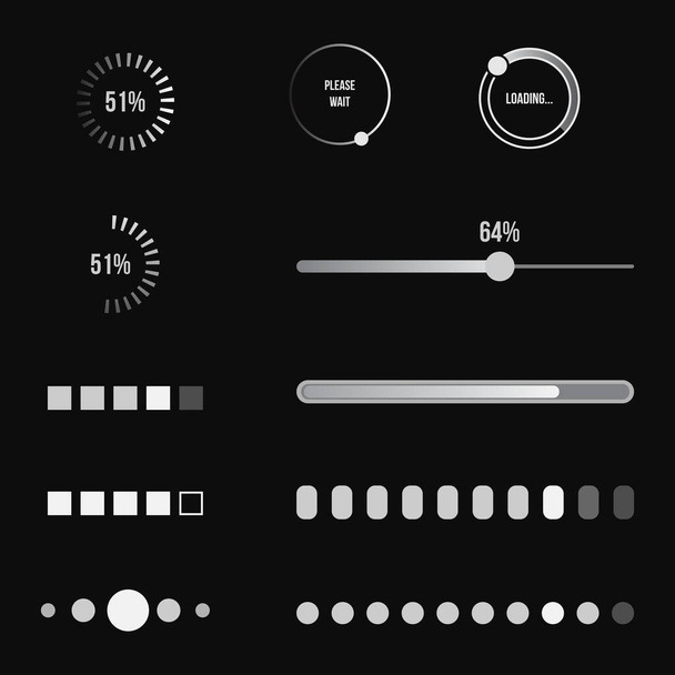 Set vettoriale di icone di caricamento bianche su sfondo nero. Barre di carico e cerchi. - Vettoriali, immagini