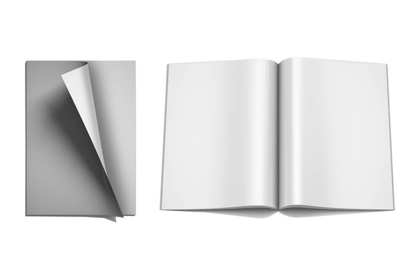 Boş dergi kapağı ve beyaz arkaplanda izole edilmiş parlak kağıt şablonu olan açık sayfalar. 3d oluşturma. - Fotoğraf, Görsel