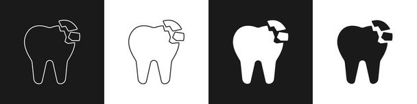 Imposta l'icona del dente rotto isolata su sfondo bianco e nero. Icona del problema dentale. Simbolo della cura dentale. Vettore - Vettoriali, immagini