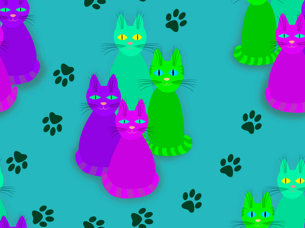 Modèle sans couture avec des chats colorés sur un fond bleu. - Photo, image