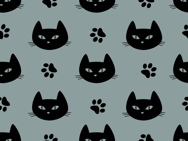 Seamless pattern with black cats' heads on a gray background. - Fotografie, Obrázek