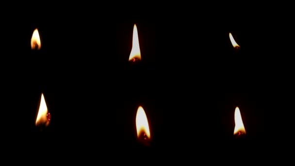 Sechs realistische Kerzenflammen isoliert vor dunklem (Alpha) Hintergrund. Die Verfilmung hat Luma matt. Kerze angezündet - Filmmaterial, Video