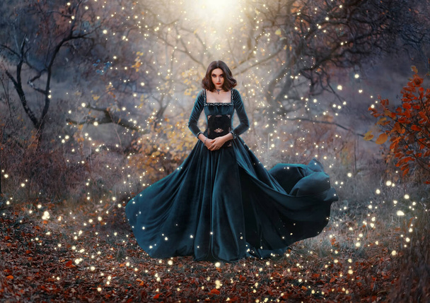 Gothic fantasy woman witch holding magic book hands. Long black velvet medieval vintage dress flies wind. Girl conjures. Bright divine light glow sparkles magic circle around lady. Autumn forest tree. - Фото, зображення