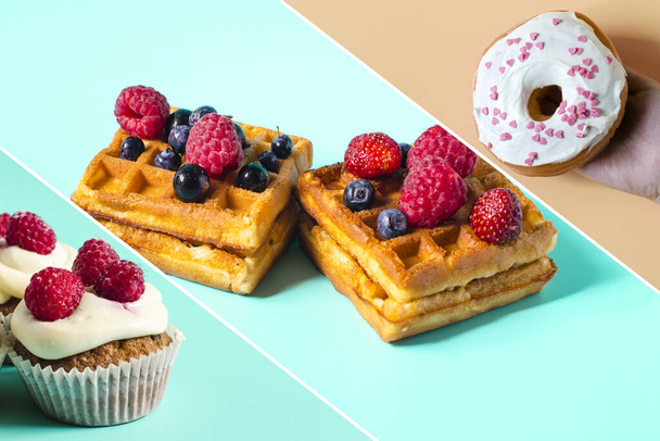 A set of pictures of colorful desserts. Bright donuts, cupcakes and soft waffles with berries on a colored background, a collage of confectionery - Fotoğraf, Görsel