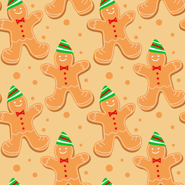 Seamless Christmas gingerbread gingerbread man background in a funny cap - Διάνυσμα, εικόνα