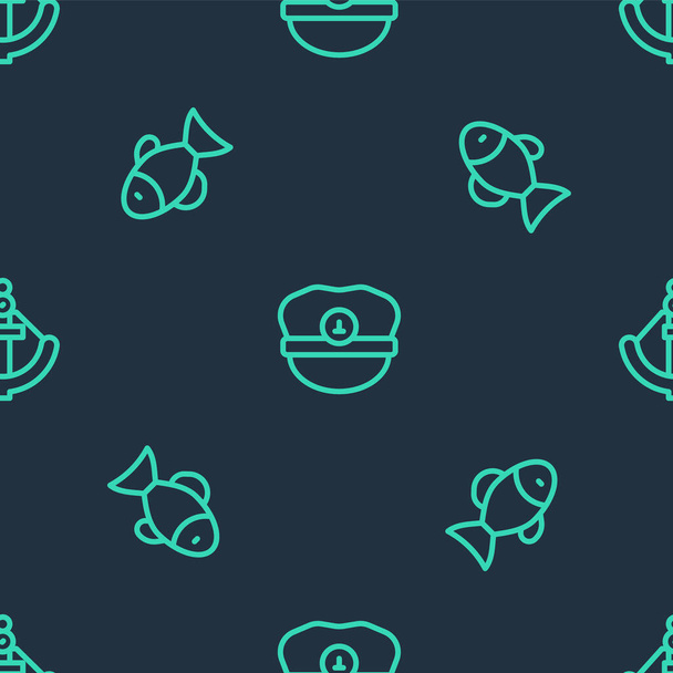 Set line Captain hat, Fish and Anchor on seamless pattern. Vector - Wektor, obraz