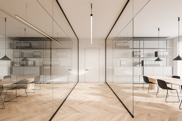 Glass office corridor interior with two symmetric meeting rooms, linear lighting, parquet floor and closed white door on background. Concept of modern workplace design. 3d rendering - Foto, afbeelding