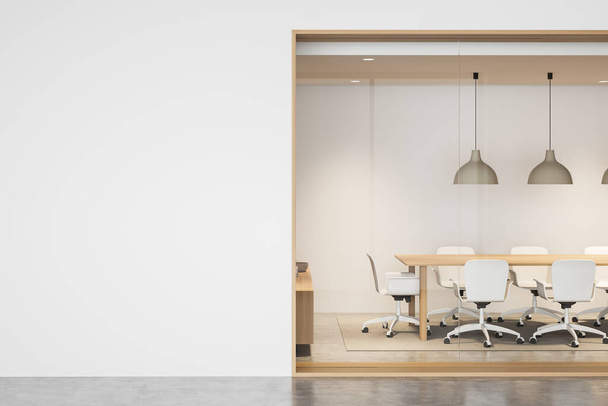 空の白い壁、快適なアームチェア、会議室ボード、ガラスパーティションとコンクリート床と明るいオフィスの部屋のインテリア。会議に最適な場所です。ミニマルなデザイン。モックアップ。3Dレンダリング - 写真・画像