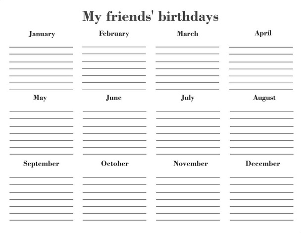 Amigos planificador de cumpleaños. Calendario anual de cumpleaños de amigos en inglés. Nota en blanco para hacer la lista. Planificador de cumpleaños de amigos en inglés. Células vacías de planificador. Organizador mensual - Foto, imagen