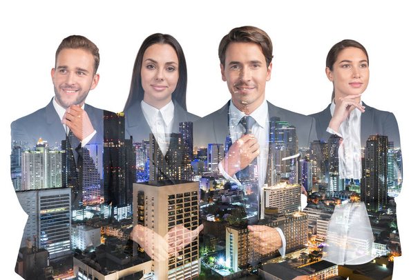 Group of four positive dreaming business people consultants in suits. Asia corporate lifestyle, multinational diverse young professionals. Night Bangkok city view. Double exposure - Photo, Image