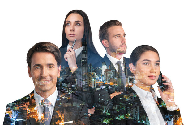 Group of four positive dreaming business people consultants in suits. Asia corporate lifestyle, multinational diverse young professionals. Night Bangkok city view. Double exposure - Фото, зображення