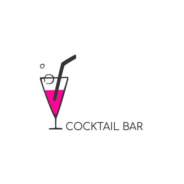 Минималистический логотип алкогольного бара, магазина, ресторана. Коктейль "Мартинка" с соломинкой и пузырьками на черном фоне с надписью "коктейль-бар". Символ иллюстрации. - Вектор,изображение