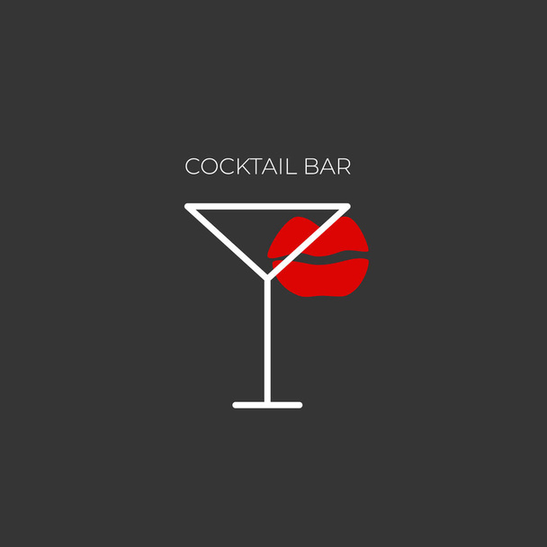 Minimalistic logo for alcohol bar, shop, restaurant. A martini glass on a black background with the inscription "cocktail bar" and a trace of lips with red lipstick. Vector illustration symbol. - Vektor, Bild