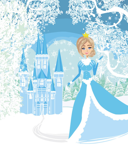 Winter landscape with castle and beautiful princess - Vektori, kuva