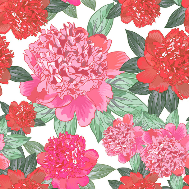 Pink peony.Seamless pattern with beautiful realistic flowers on a white background.Green leaves.Can be used for print textile,fabric,wrapping paper. - Διάνυσμα, εικόνα