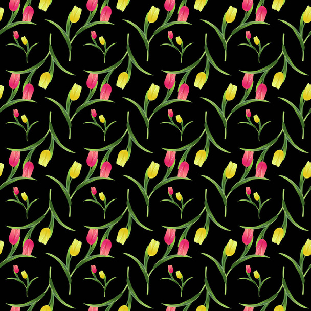 Beautiful spring seamless pattern with Yellow, red tulips.The flowers on a black background.Vector illustration.Print for gift wrapping,textile,fabric, paper,postcards and website design. - Vektor, Bild