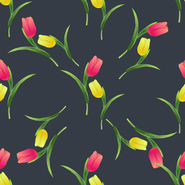 Kaunis kevät saumaton kuvio keltainen, punainen tulppaanit.Kukat mustalla taustalla.Vektori kuvitus.Tulosta lahjapaperiin, kankaaseen, paperiin, postikortteihin ja verkkosivujen suunnitteluun. - Vektori, kuva