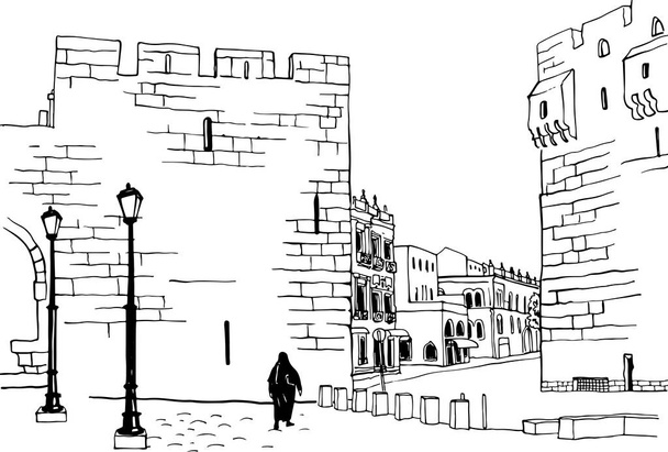 Régi utca Jeruzsálem, színes vektor illusztráció kézzel rajzolt stílusban. Ősi falak. Jeruzsálem, Izrael. Városi tájkép. Vonalművészet. Tinta rajz fehér. - Vektor, kép