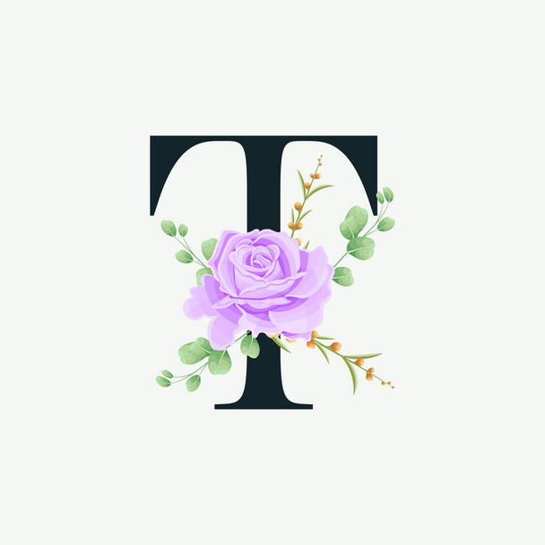 Hermoso alfabeto T con plantilla de decoración de logotipo floral. Lujo fuente con hojas verdes emblema botánico vector ilustración. - Vector, imagen